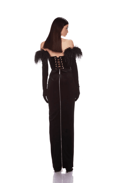 Long Sleeve Feather Corset Maxi Dress Black HV9958