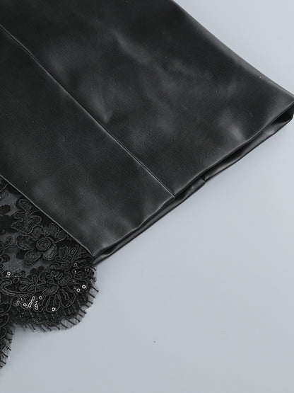 Strapless Sequin Lace Maxi Faux Leather Dress Black