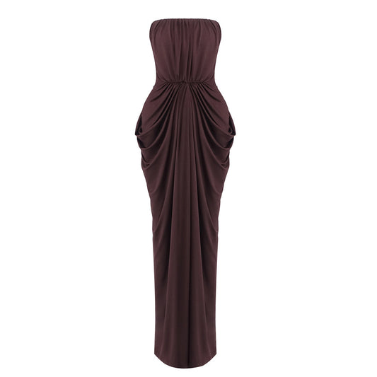 Strapless Draped Maxi Dress Brown HV0049