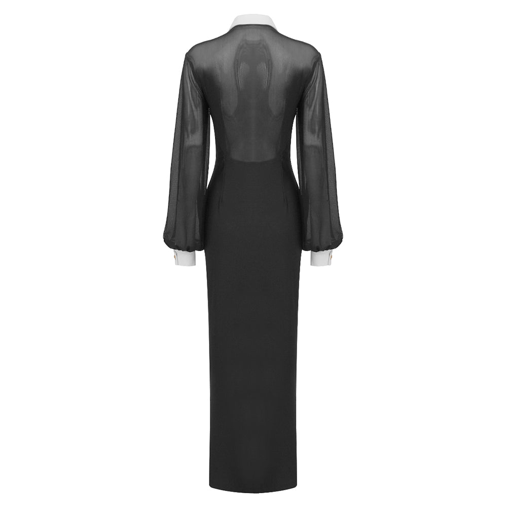 Long Sleeve Mesh Button Maxi Dress Black HV1263