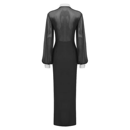 Long Sleeve Mesh Button Maxi Dress Black HV1263