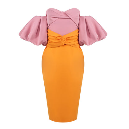 Puff Sleeve Bardot Midi Dress Pink Orange HV0002