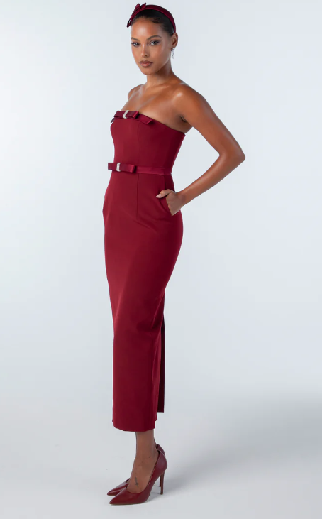 Strapless Bow Detail Midi Dress Red
