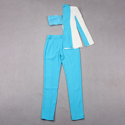 One Sleeve Blazer Two Piece Jumpsuit Blue White HV8855