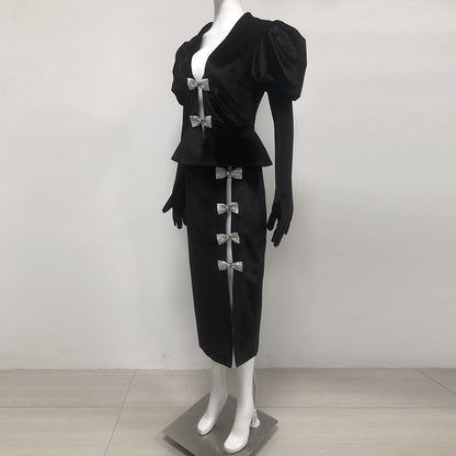 Short Sleeve Crystal Bow Midi Two Piece Velvet Dress Black HV2097