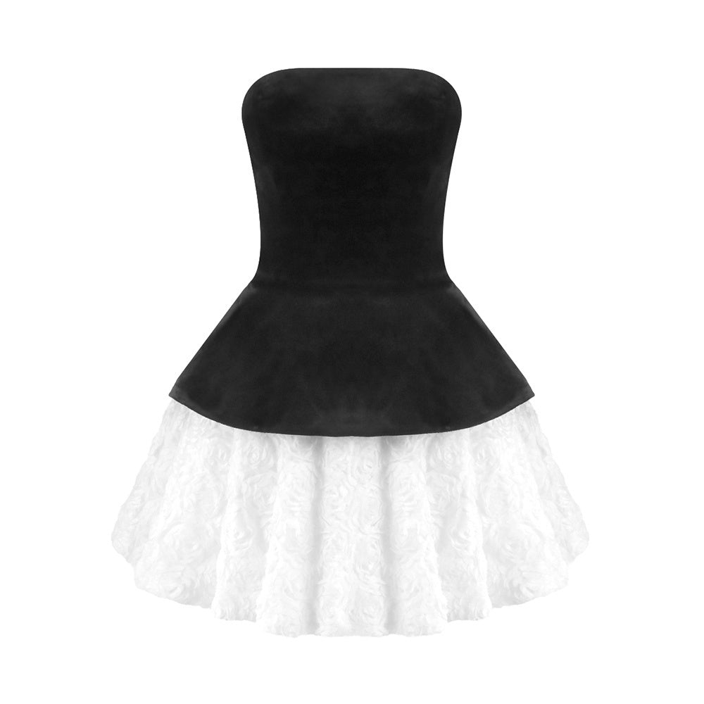 Strapless Corset Floral A Line Velvet Dress Black White HV0006