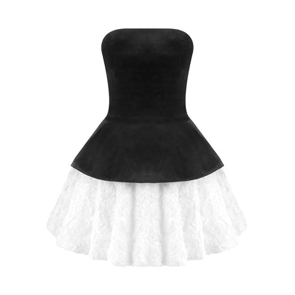 Strapless Corset Floral A Line Velvet Dress Black White HV0006