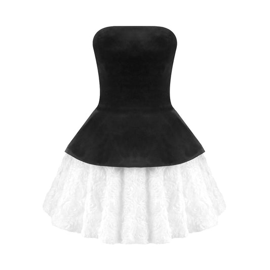 Strapless Corset Floral A Line Velvet Dress Black White HV0006