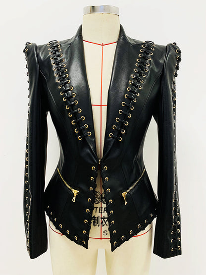 Long Sleeve Lace Up Faux Leather Jacket Black HV1202