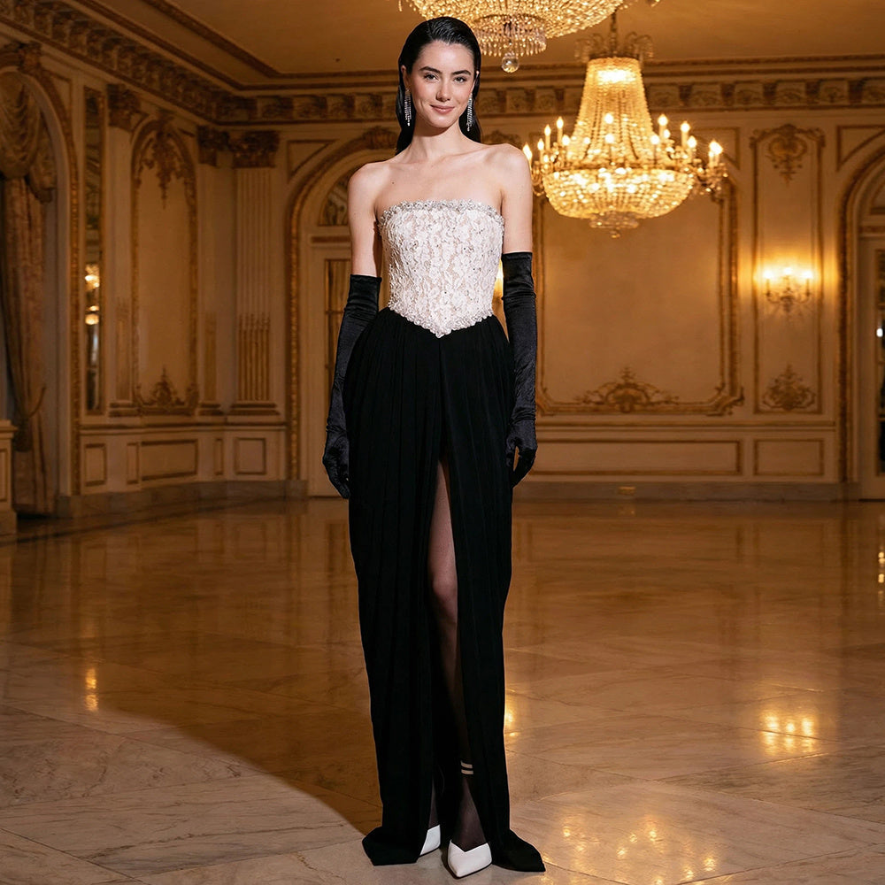 Strapless Crystal Lace Corset Maxi Dress Black White HV0039