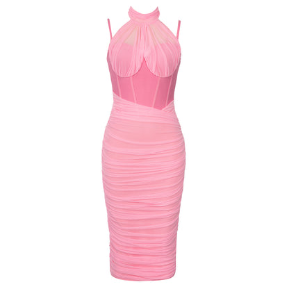 Halter Bustier Draped Mesh Midi Dress Pink HV9272