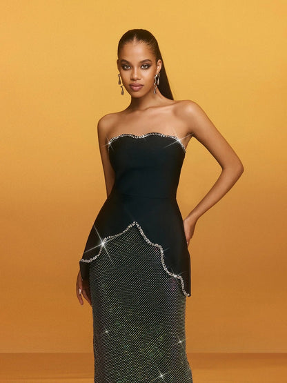 Strapless Crystal Trim Peplum Maxi Dress Gold HV2668