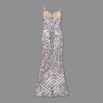 Crystal Bustier Sequin Maxi Dress Silver HV1627