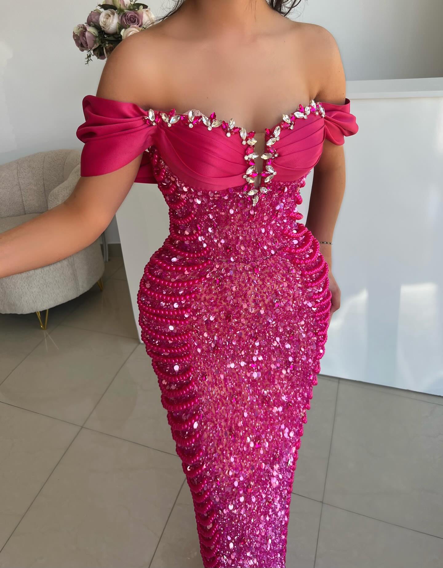 Bardot Crystal Bustier Sequin Maxi Dress Hot Pink HV2296