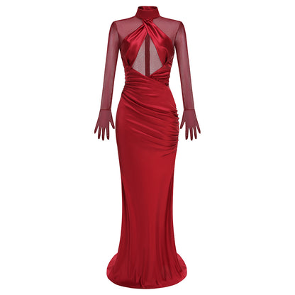 Mesh Glove Sleeves Draped Maxi Dress Red HV2958