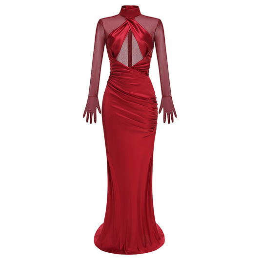 Mesh Glove Sleeves Draped Maxi Dress Red HV2958