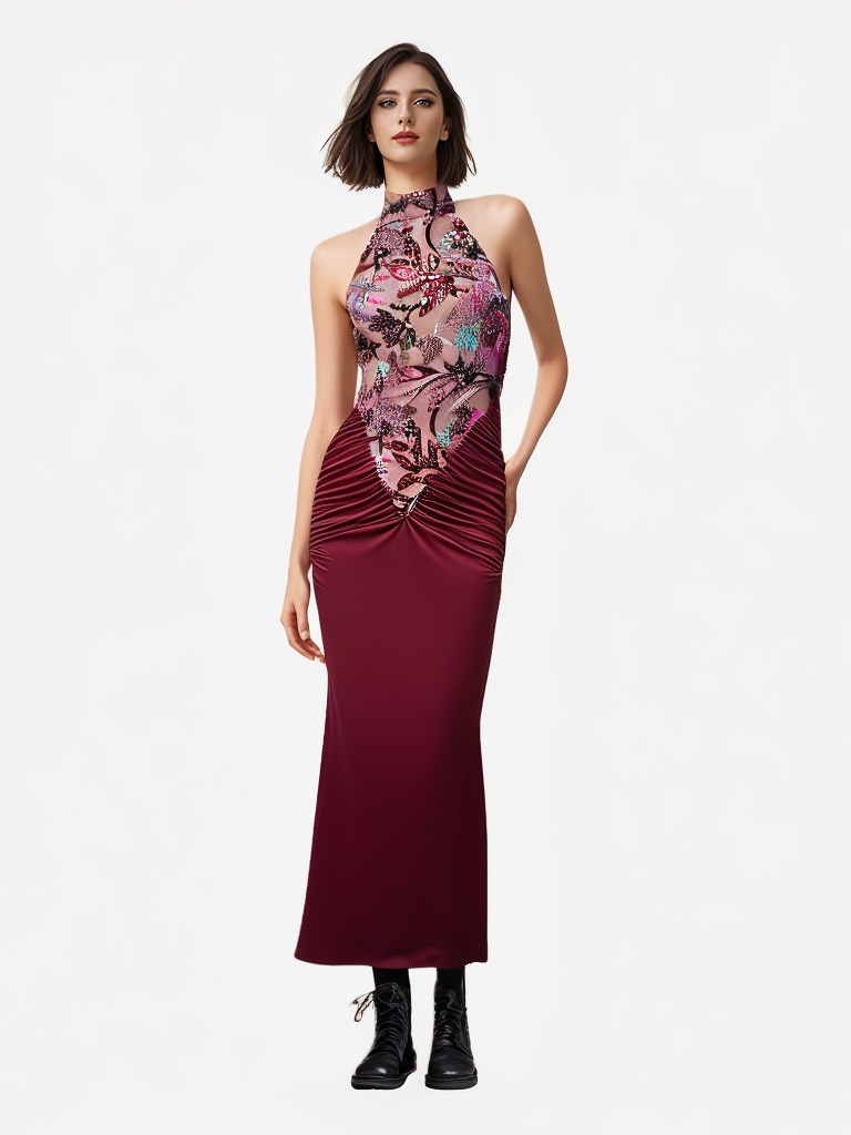 Halter Floral Sequin Embroidered Maxi Dress HV2158