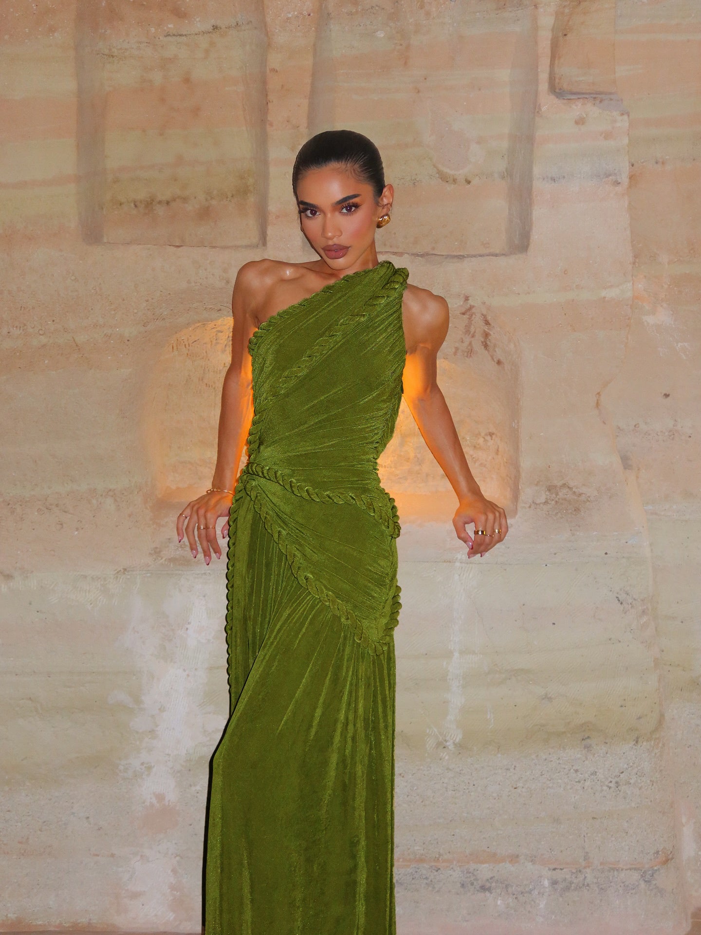 One Shoulder Maxi Velvet Dress Green HV2761