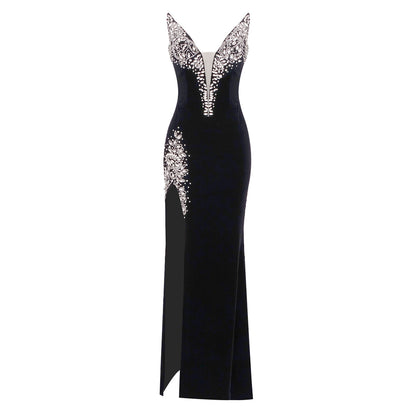 Strapless Crystal Maxi Velvet Dress Black HV1235