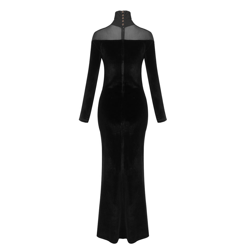 Long Sleeve Mesh Insert Maxi Velvet Dress Black HV0055