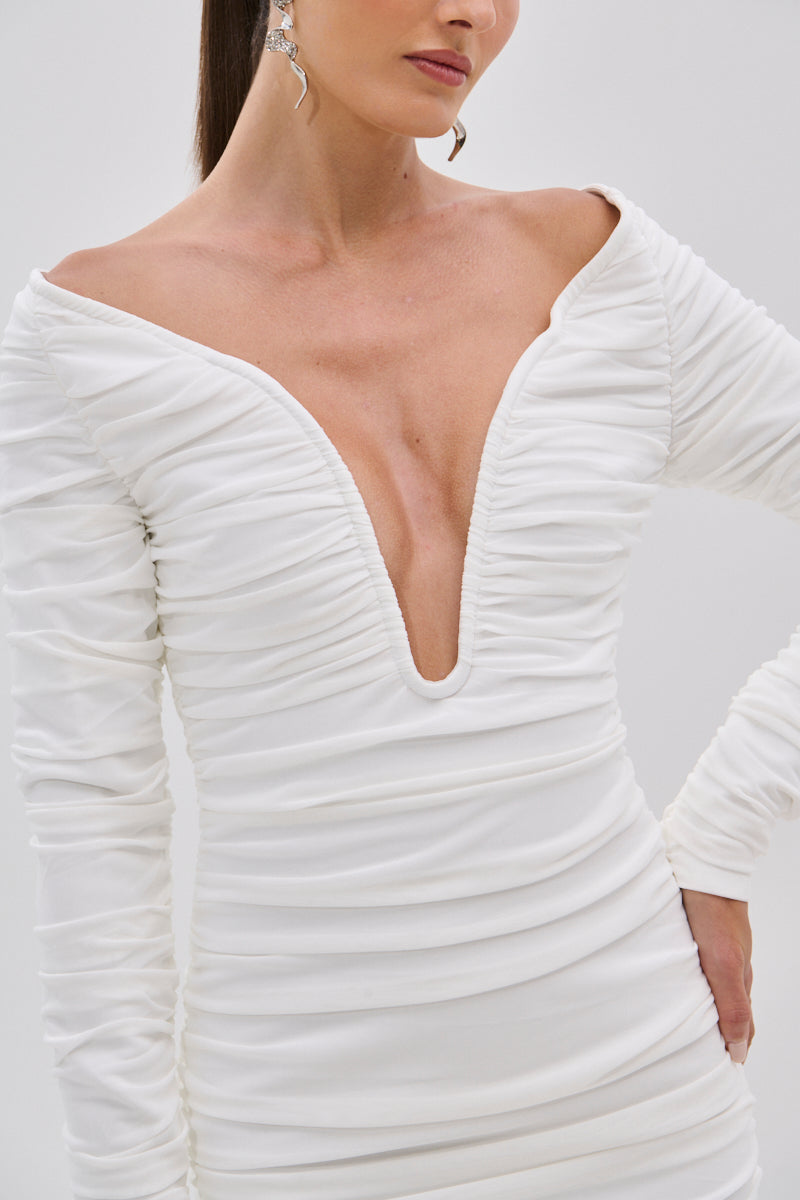 Long Sleeve Bardot Draped Midi Dress White HV3068
