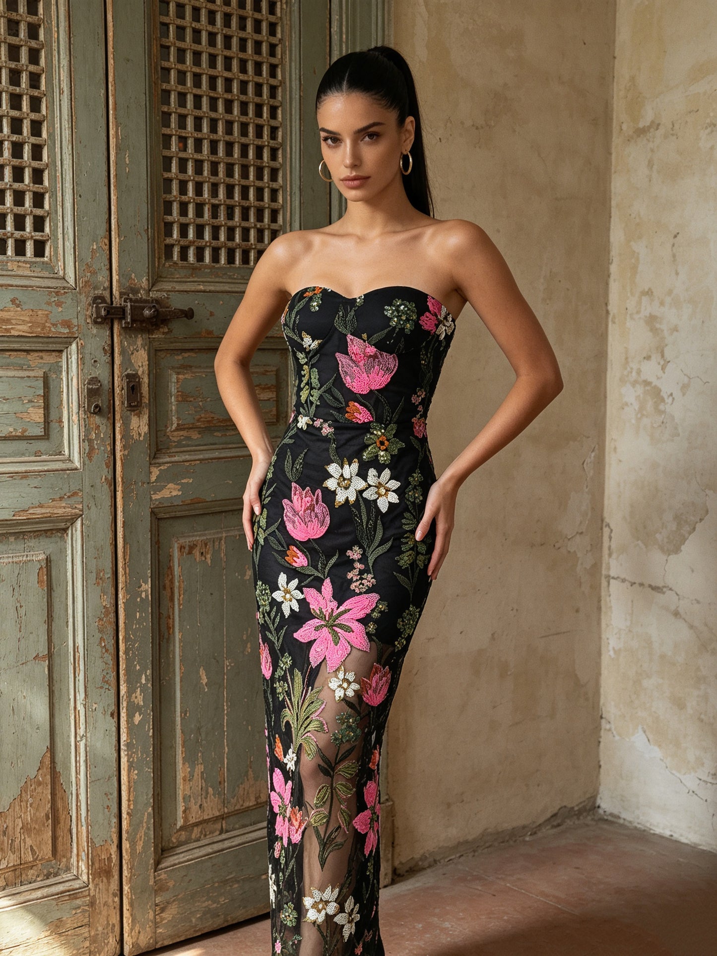Strapless Sequin Floral Embroidered Maxi Dress Black HV3133