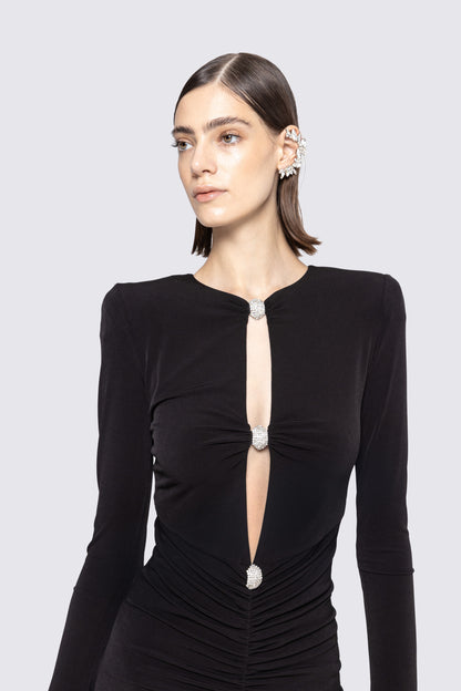 Long Sleeve Ruched Cut Out Dress Black HV2239