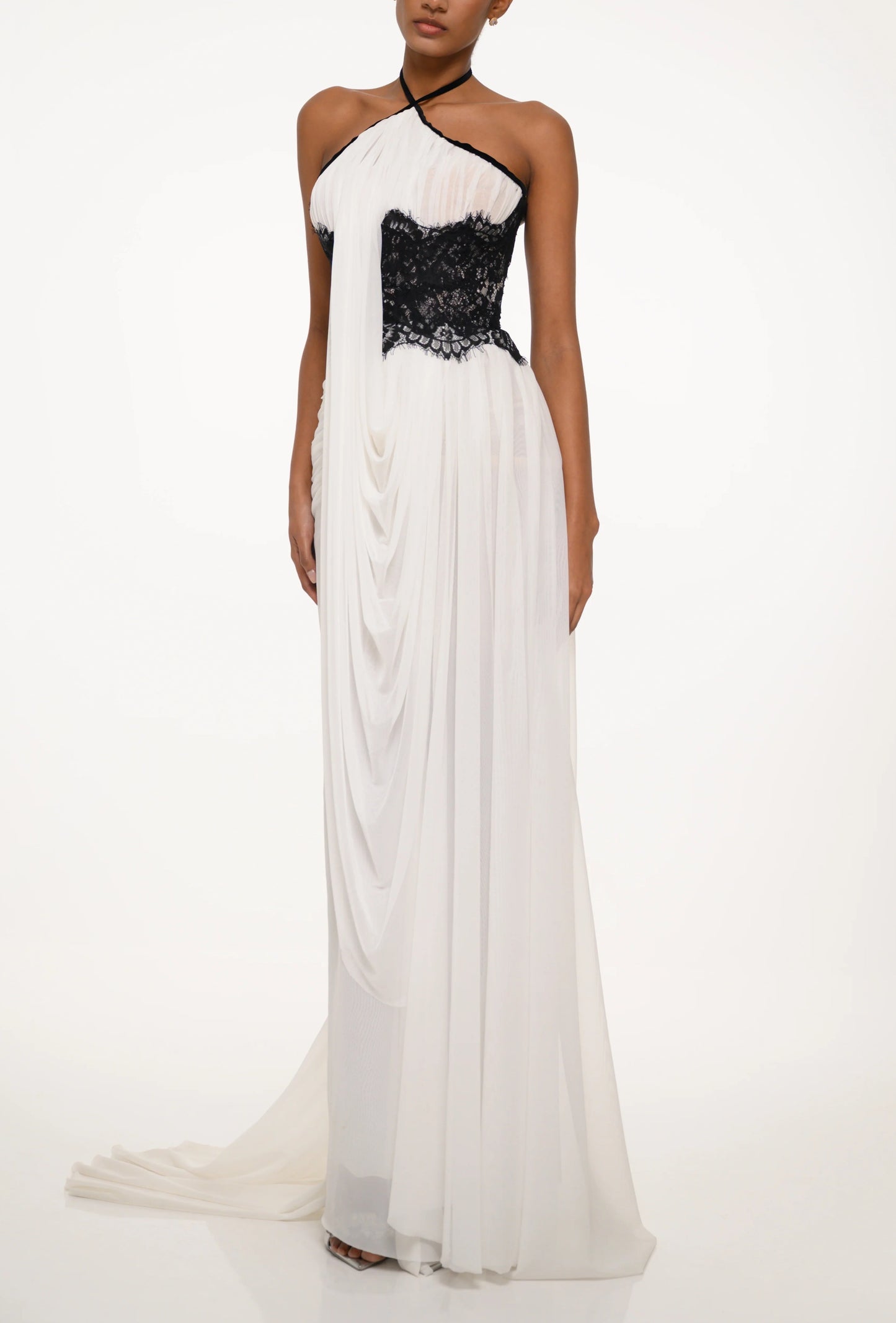 Halter Lace Insert Draped Maxi Dress White Black HV3151