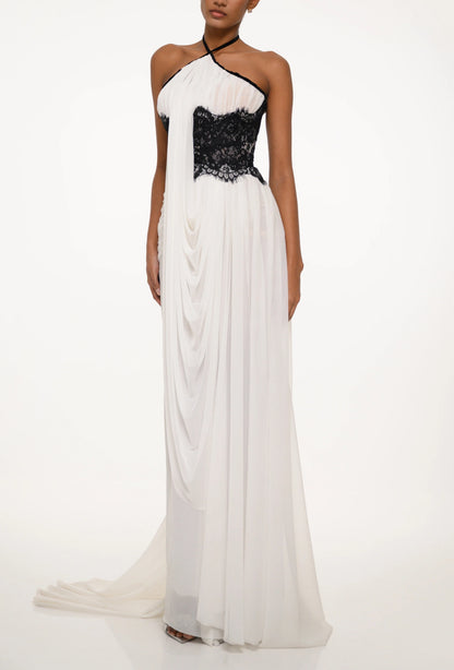 Halter Lace Insert Draped Maxi Dress White Black HV3151