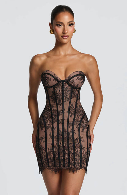 Strapless Lace Corset Dress Black Nude HV2684