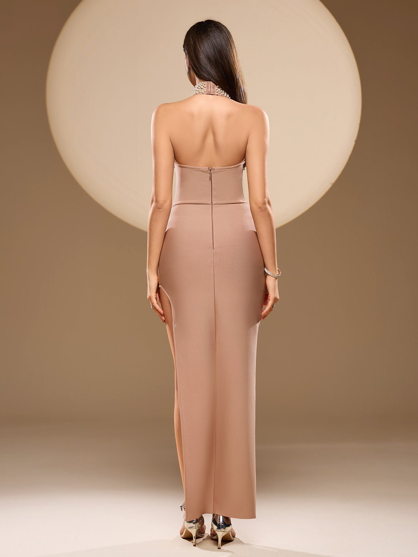 Halter Pearl Embellished Maxi Dress Nude HV2548