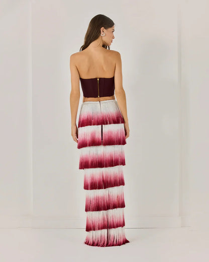 Strapless Tassel Two Piece Maxi Dress Burgundy HV2598