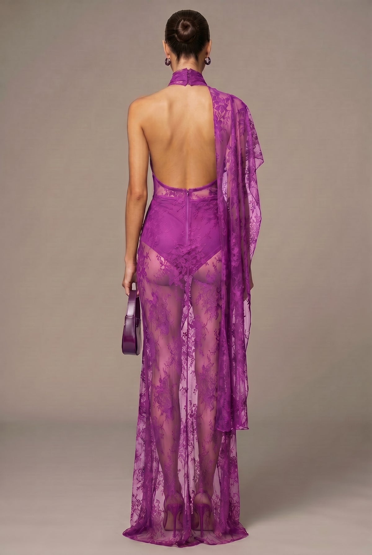 One Sleeve Draped Lace Maxi Dress HV3103