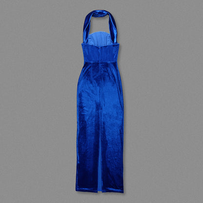 Halter Maxi Velvet Dress Blue HV2031