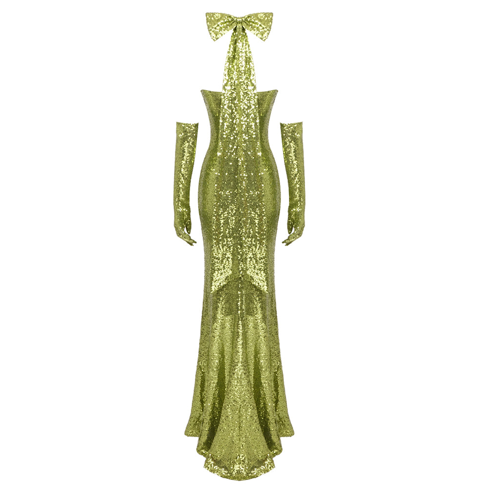 Halter Draped Sequin Maxi Dress Green HV1141