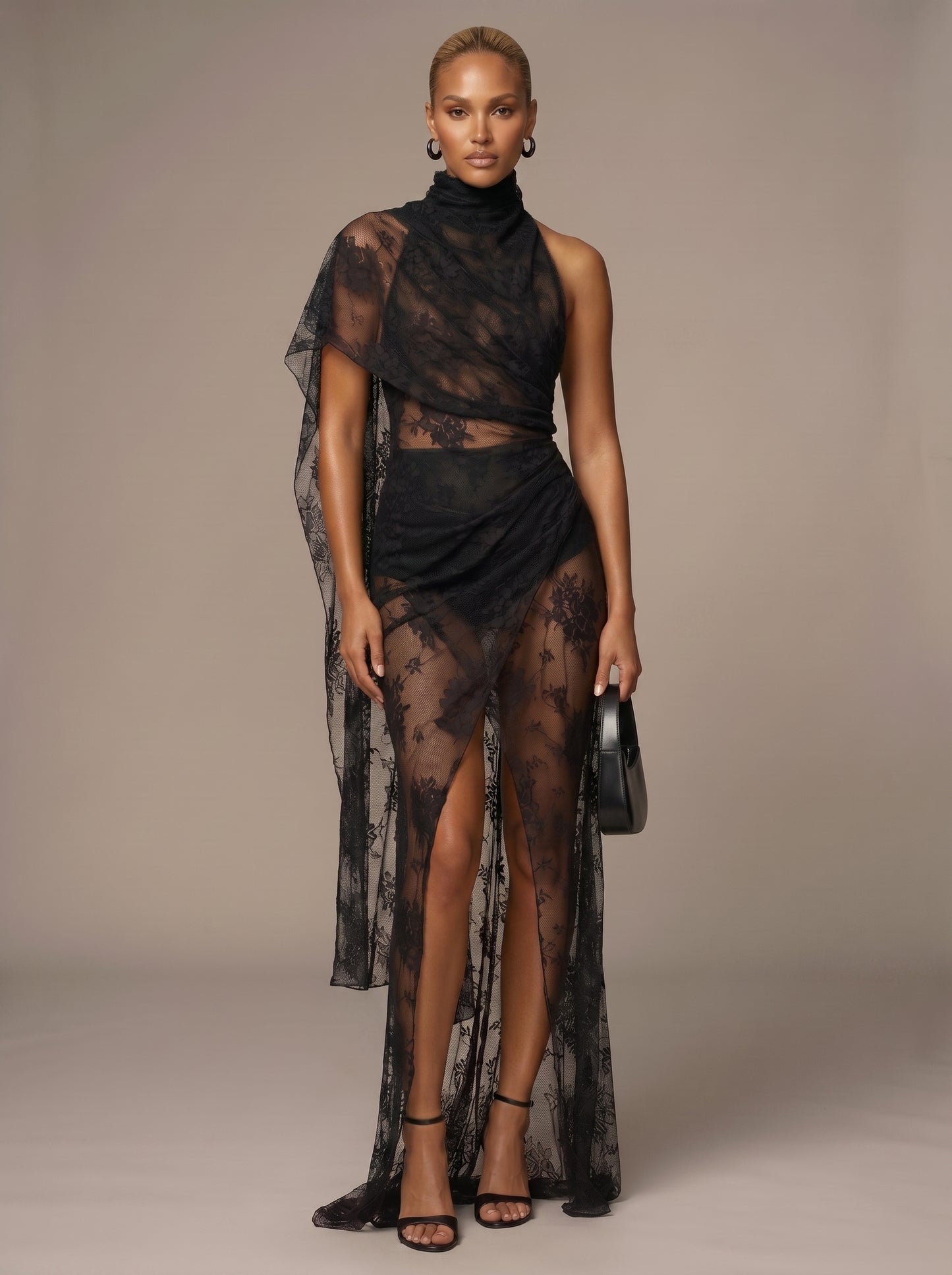 One Sleeve Draped Lace Maxi Dress Black HV3103