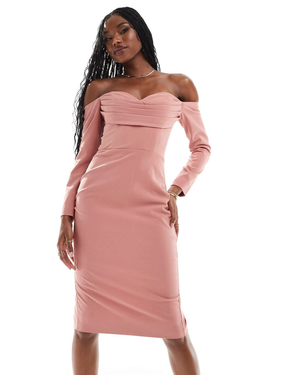 Long Sleeve Draped Bardot Midi Dress Pink HV0001