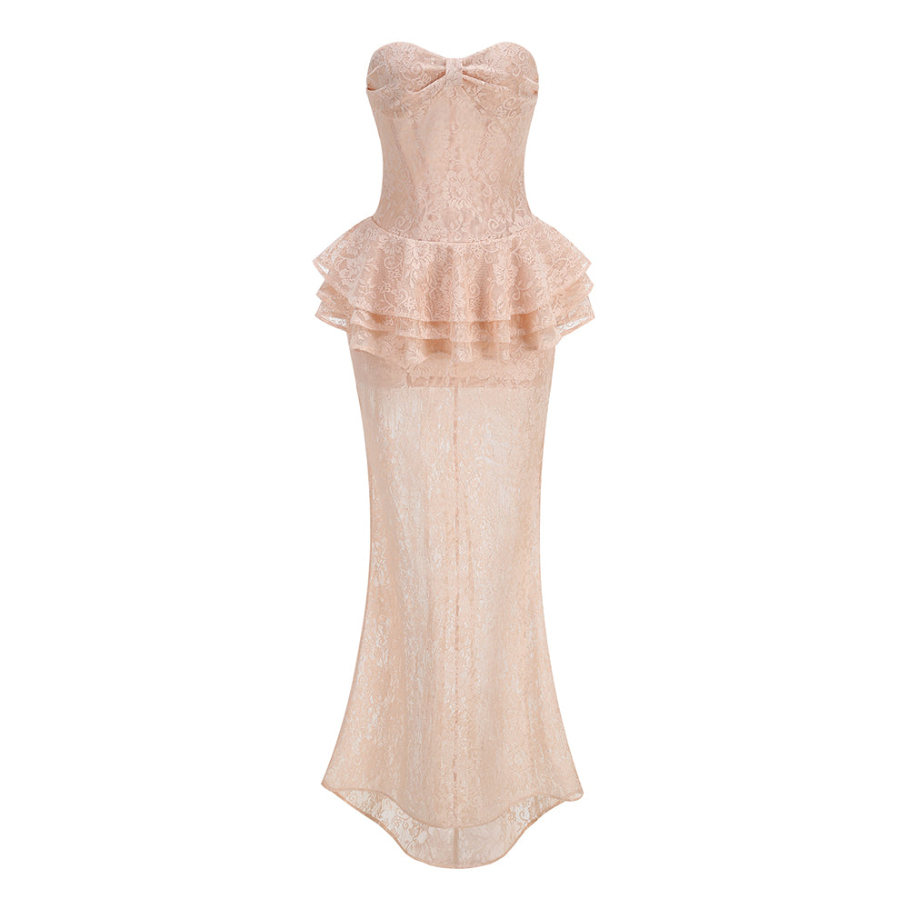 Strapless Nude Peplum Maxi Dress Nude Pink HV3201
