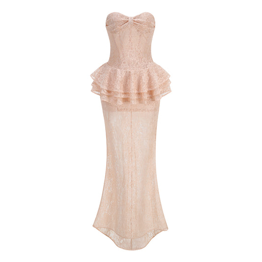 Strapless Nude Peplum Maxi Dress Nude Pink HV3201