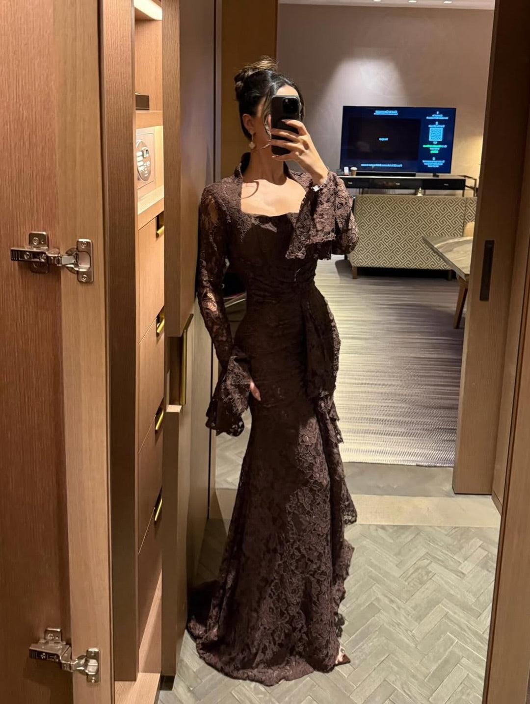 Long Sleeve Ruffle Detail Lace Maxi Dress Brown HV3238