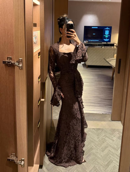 Long Sleeve Ruffle Detail Lace Maxi Dress Brown HV3238