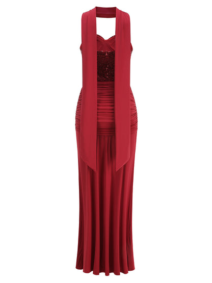 Strapless Sequin Draped Maxi Dress Red HV2813