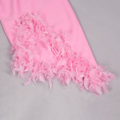 One Shoulder Feather Midi Dress Pink HV1563