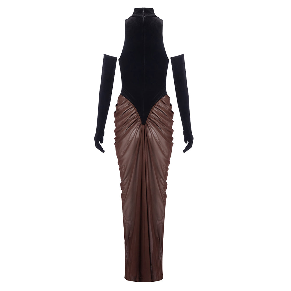 Halter Draped Maxi Velvet Dress Black Brown HV