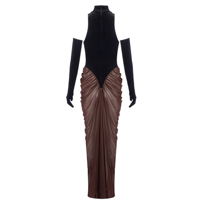 Halter Draped Maxi Velvet Dress Black Brown HV