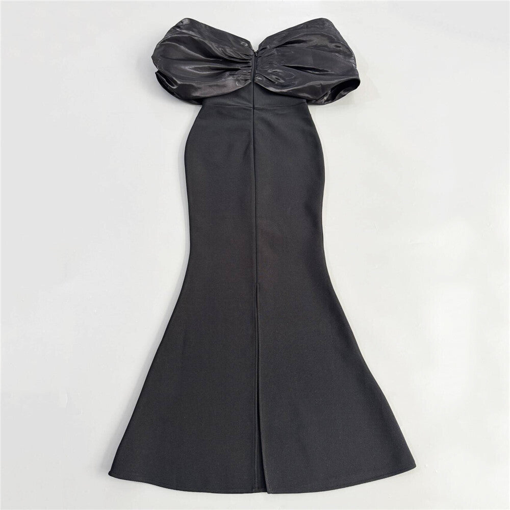 Draped Bardot Crystal Embellished Maxi Dress Black HV2644