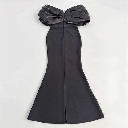Draped Bardot Crystal Embellished Maxi Dress Black HV2644