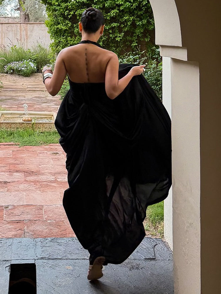 Halter Draped Design Maxi Dress Black HV0068