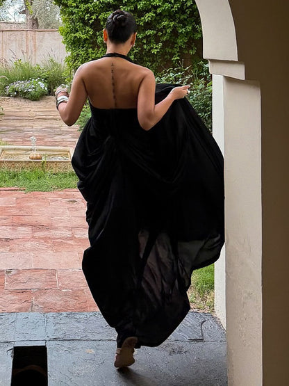 Halter Draped Design Maxi Dress Black HV0068