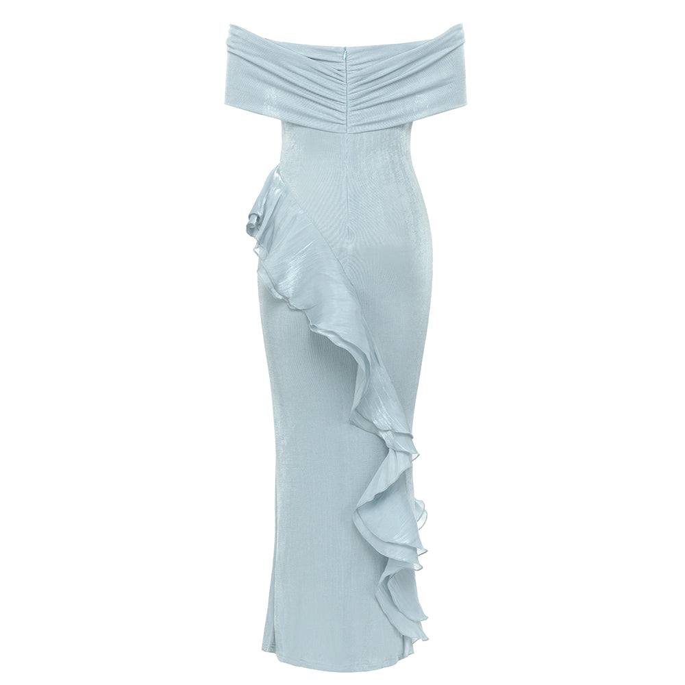 Off Shoulder Ruffle Detail Maxi Dress Light Blue HV9695